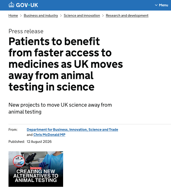 随着英国逐步淘汰动物实验，患者将受益于更快地获得药物[2]