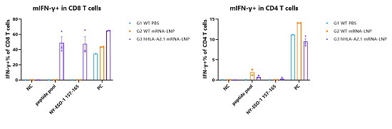 mRNA疫苗在hHLA-A2.1/B2M小鼠中的免疫原性验证 (A)实验流程。(B)小鼠，组别及给药信息。(C)小鼠脾脏ELISpot结果。(D)小鼠脾脏经NY-ESO-1157-165肽段刺激后流式检测结果